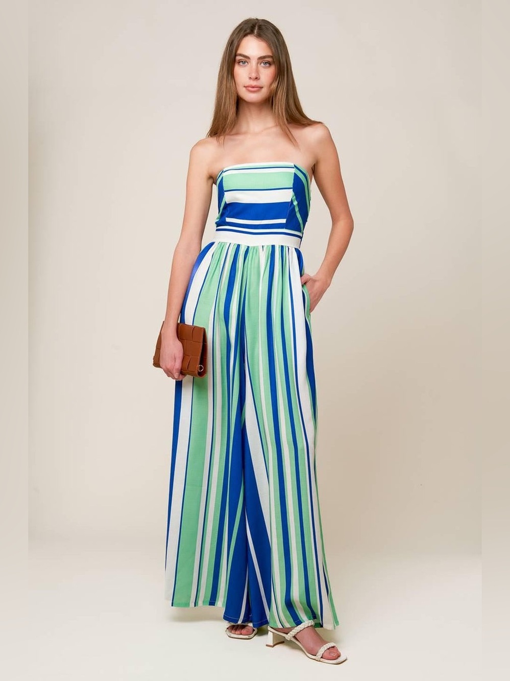 Flying Tomato Strapless Striped Wide Leg Jumpsuit Blue Green| Medium | NWOT